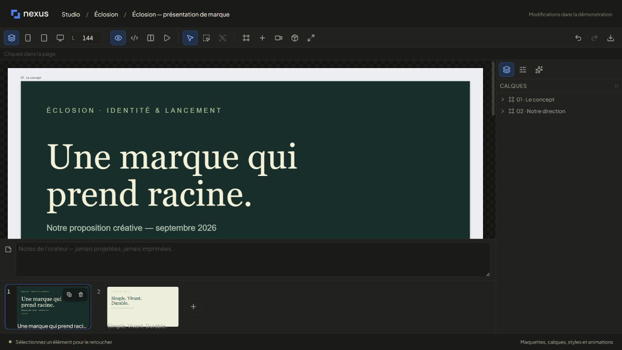 Présentation de marque Éclosion dans l’éditeur de diapositives Nexus.