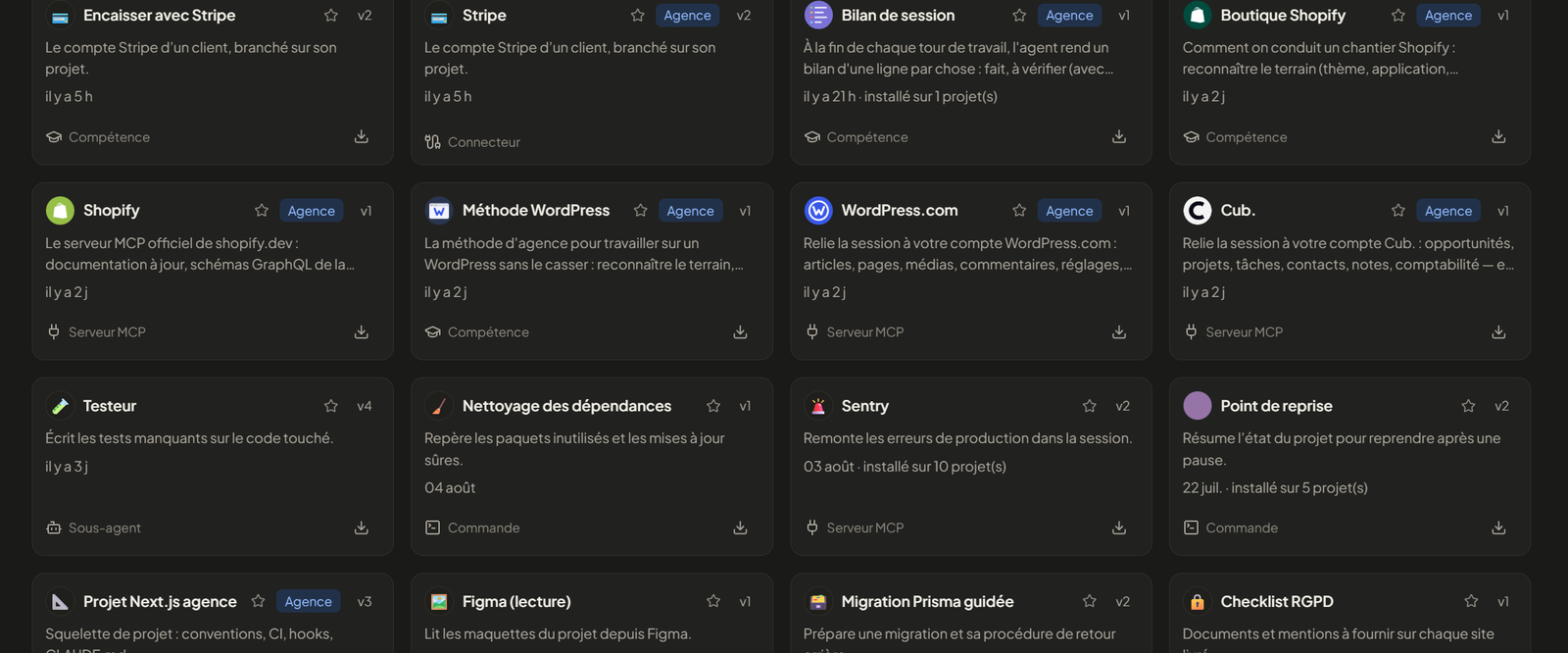 La bibliothèque : des modules publiés par l’agence — connecteur, serveur MCP, compétence, sous-agent, modèle de projet — chacun avec son type, sa version et le nombre de projets où il est installé.